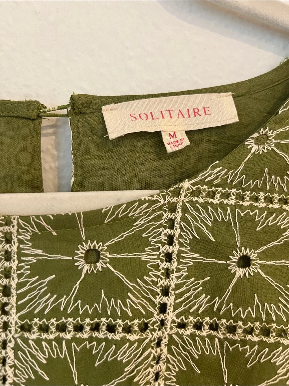 Solitaire Olive Green Eyelet-Style Flutter Sleeve Dress